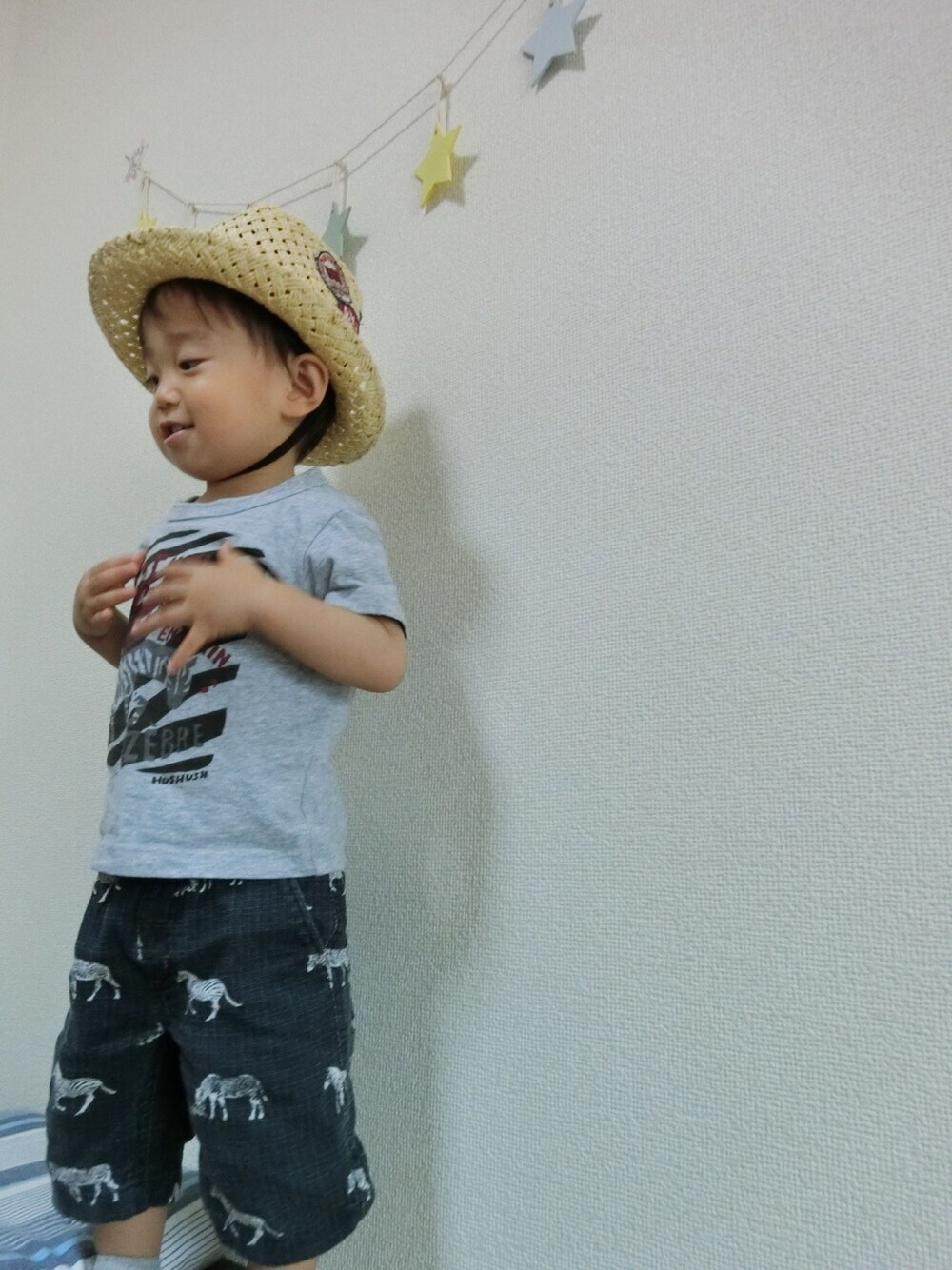 「おとこのこ、麦わら帽子、夏コーデ、しまうま、シマウマ柄、動物柄」｜「DaddyOhDaddyのアイテム（ハット、ベージュ系）」を使った、ponta2014さん（キッズ・80cm）の夏コーディネートの1枚目の写真