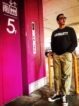 「RRL（ダブル アール エル）のアイテム（カーゴパンツ、グリーン系）」を使った、ターボさん（メンズ）の秋コーディネート