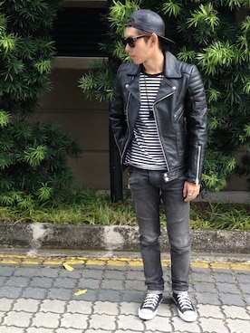 「DRKSHDW by RICK OWENS（ダークシャドウ バイ リックオウエンス）のアイテム（帽子）」を使った、tunwayさん（メンズ・175cm）の夏コーディネート