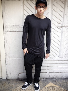 「DRKSHDW by RICK OWENS（ダークシャドウ バイ リックオウエンス）のアイテム（帽子）」を使った、tunwayさん（メンズ・175cm）の秋コーディネート