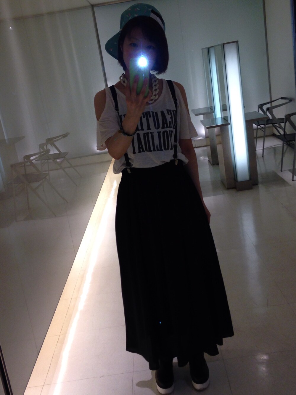 「マキシスカート、サスペンダー、厚底シューズ、GU、w closet、FOREVER 21、祭り」｜「GUのアイテム（スカート、ブラック系）」を使った、かたじゅんさん（レディース・161cm）の春コーディネートの1枚目の写真