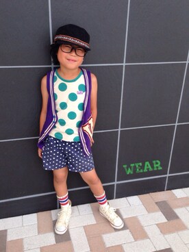 「アイテム（ベスト、パープル系）」を使った、◡̈*✧Rikky◡̈⃝☆*ﾟさん（キッズ・127cm）の夏コーディネート