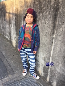 「One deux boo（ワンドゥーブー）のアイテム（キャップ）」を使った、◡̈*✧Rikky◡̈⃝☆*ﾟさん（キッズ・127cm）の冬コーディネート
