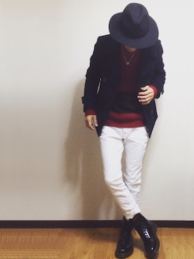 「ツバ広ハット」｜「アイテム（ピーコート）」を使った、Tさん（メンズ・166cm）の冬コーディネート