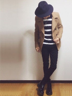 「ツバ広ハット」｜「アイテム（ピーコート）」を使った、Tさん（メンズ・166cm）の冬コーディネート