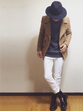 「ツバ広ハット」｜「アイテム（ピーコート）」を使った、Tさん（メンズ・166cm）の冬コーディネート