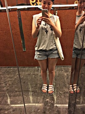 「no brand（ノーブランド）のアイテム（デニムパンツ、ブルー系）」を使った、Fion さん（レディース）の夏コーディネート