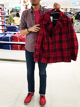 「red」｜「アイテム（ダッフルコート）」を使った、EASON KUさん（メンズ・185cm）の秋コーディネート