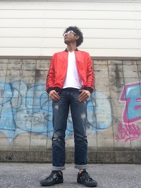 「アイテム（ジャージ、レッド系）」を使った、NORIさん（メンズ・170cm）の秋コーディネート