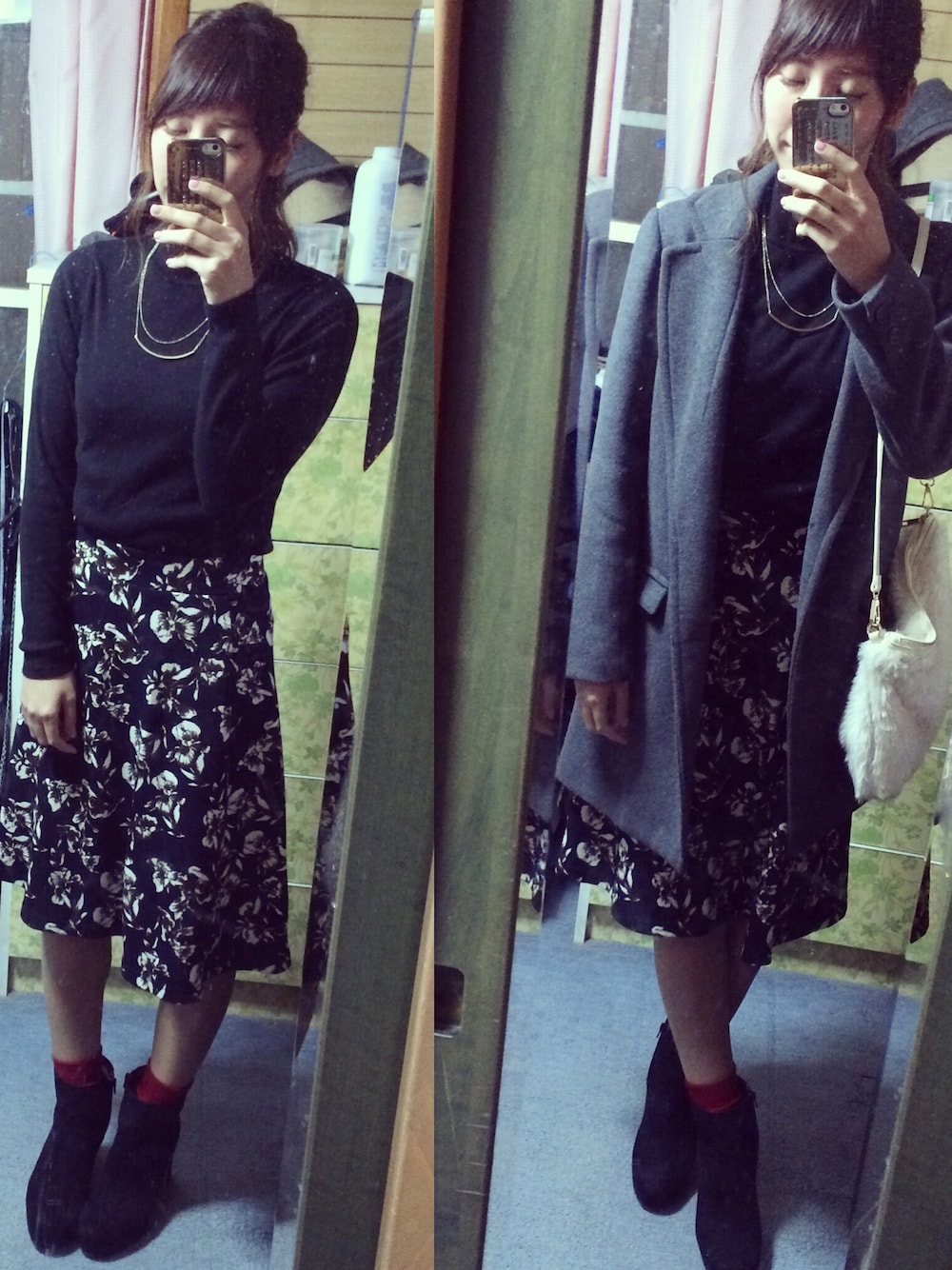「ootd、code、レディライク、花柄スカート、チェスターコート」｜「LOWRYS FARMのアイテム（ニット/セーター、ブラック系）」を使った、もえこさん（レディース・160cm）の冬コーディネートの1枚目の写真
