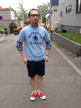 「膝上ショーツ」｜「アイテム（スウェット）」を使った、UーTARさん（メンズ・170cm）の春コーディネート