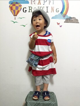 「BOOFOOWOO」｜「アイテム（ハンチング/ベレー帽）」を使った、JOE COOLさん（キッズ・90cm）の夏コーディネート