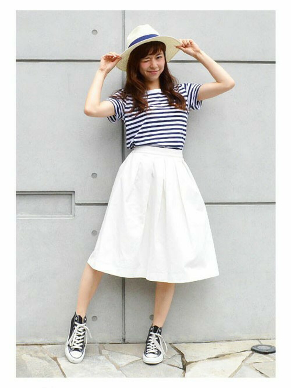 「スカート、ボーダー、Tシャツ、白スカート、おでかけコーデ、チノタックスカート、チノタック」｜「CITRINE ChakraのボーダーコットンT（Tシャツ/カットソー、その他）」を使った、シトリンチャクラさん（レディース・158cm）の夏コーディネートの1枚目の写真