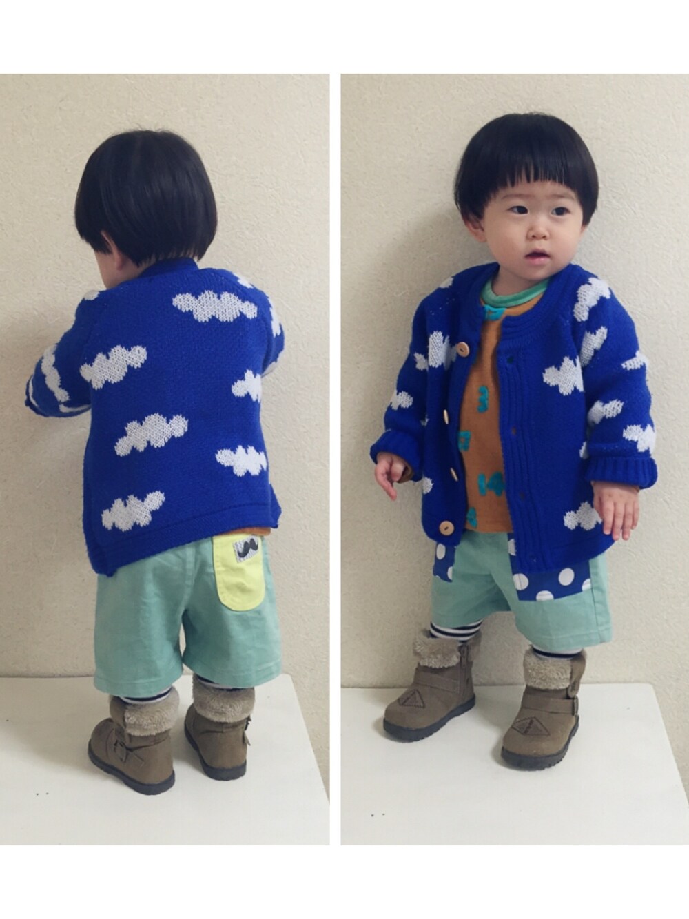 ブルー系のカーディガン/ボレロ、ブルー系のその他パンツ、ブラウン系のTシャツ/カットソーを着用したキッズの冬コーディネートの1枚目の写真