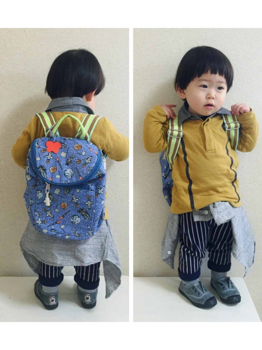 イエロー系のポロシャツ、ブルー系のバックパック/リュック、ブルー系のその他パンツを着用したキッズの冬コーディネートの1枚目の写真