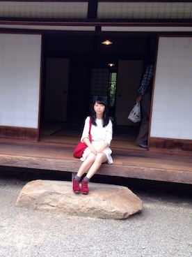 「アイテム（ブーティ、レッド系）」を使った、もちさん（レディース・153cm）の秋コーディネート