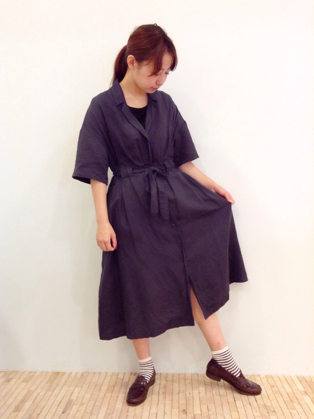 「kolmio、Lim、nail 、ネイル、ワンピース、紺、ネイビー、ローファー、ボーダー、Kastane」｜「Clefのアイテム（ワンピース、ブルー系）」を使った、△kolmio+LIM△さん（レディース・160cm）の夏コーディネートの1枚目の写真
