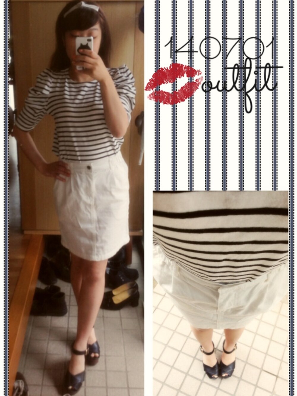 ブラック系のサンダル、ホワイト系のTシャツ/カットソー、ホワイト系のスカートを着用したレディースの夏コーディネートの1枚目の写真