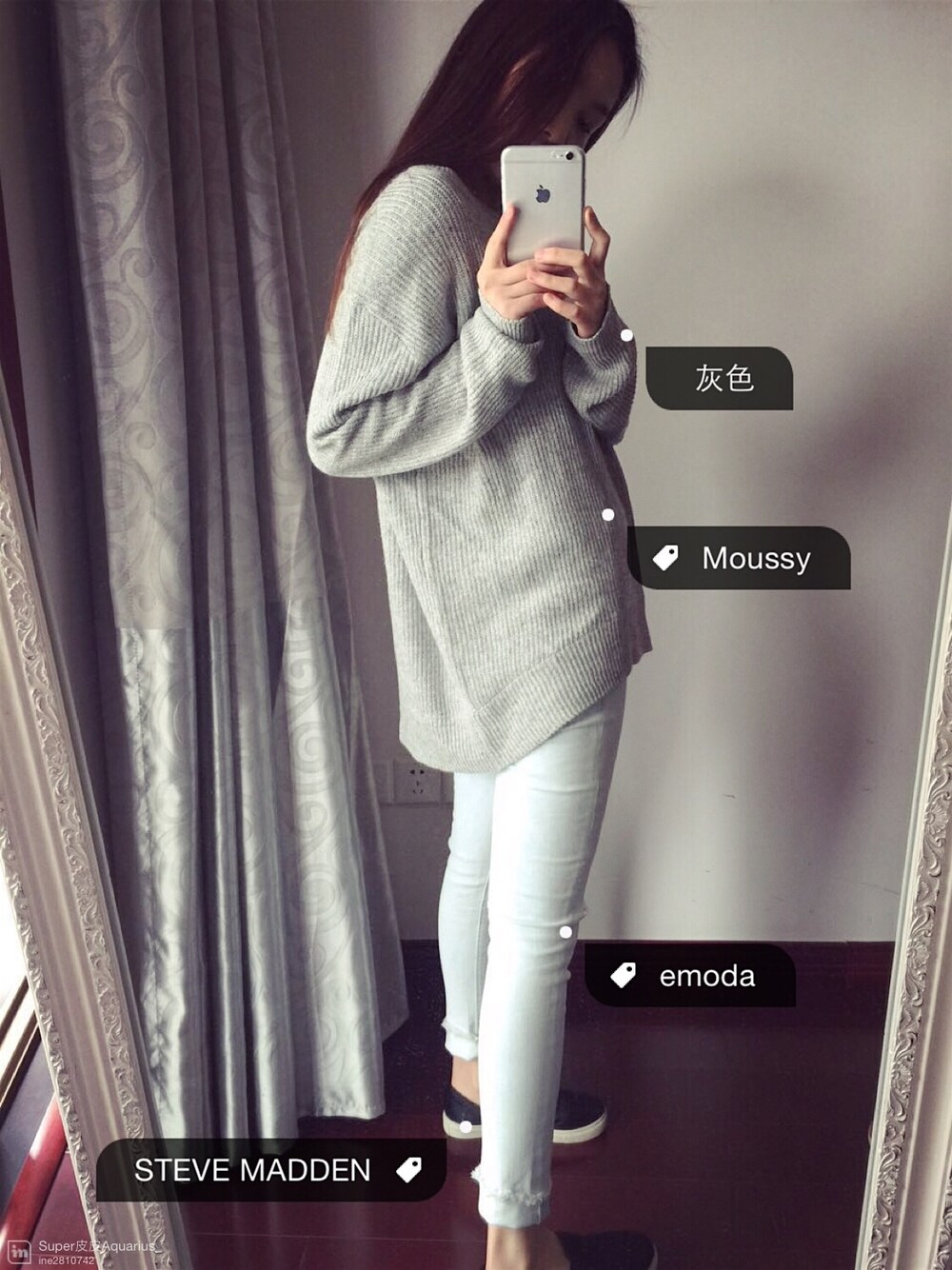 「MOUSSYのアイテム（ニット/セーター、グレー系）」を使った、Super皮皮Aquarius_原单小店さん（レディース・160cm）の春コーディネートの1枚目の写真