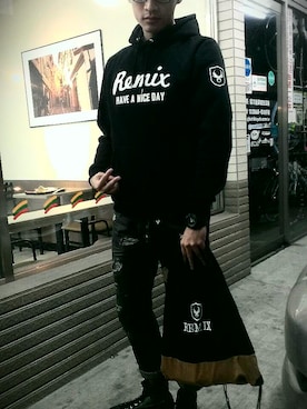 「REMIX（リミックス）のアイテム（その他）」を使った、陳立威さん（メンズ・179cm）の冬コーディネート