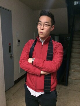 「アイテム（ライダースジャケット、レッド系）」を使った、Sung Soo Parkさん（メンズ・169cm）の冬コーディネート