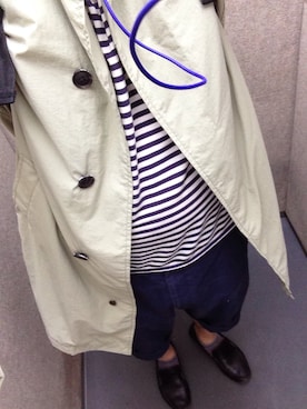 「HEAD PORTER（ヘッドポーター）のアイテム（ステンカラーコート）」を使った、しましまのねずみさん（メンズ・178cm）の春コーディネート