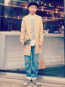 「Chester coat
（チェスターコート、ベージュ系）」を使った、SPINNS広島店さんの冬コーディネート