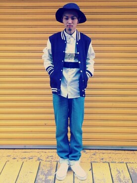 「cut stadium jumper


（スタジャン、ブルー系）」を使った、SPINNS広島店さんの冬コーディネート