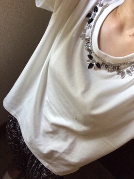 「GLOBAL WORK（グローバルワーク）のビジューTシャツ（Tシャツ/カットソー、ホワイト系）」を使った、ぽにょさん（レディース・165cm）の夏コーディネート