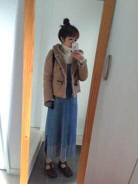「デニムワンピース」｜「アイテム（ダッフルコート）」を使った、mavaさん（レディース・155cm）の冬コーディネート