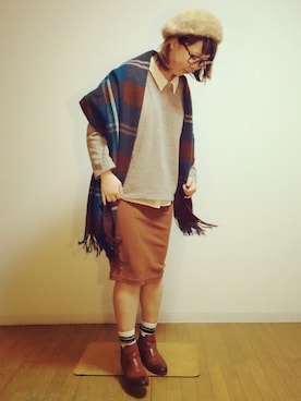 「ヒール×靴下」｜「アイテム（ハンチング/ベレー帽）」を使った、kumiosadaさん（レディース・155cm）の冬コーディネート