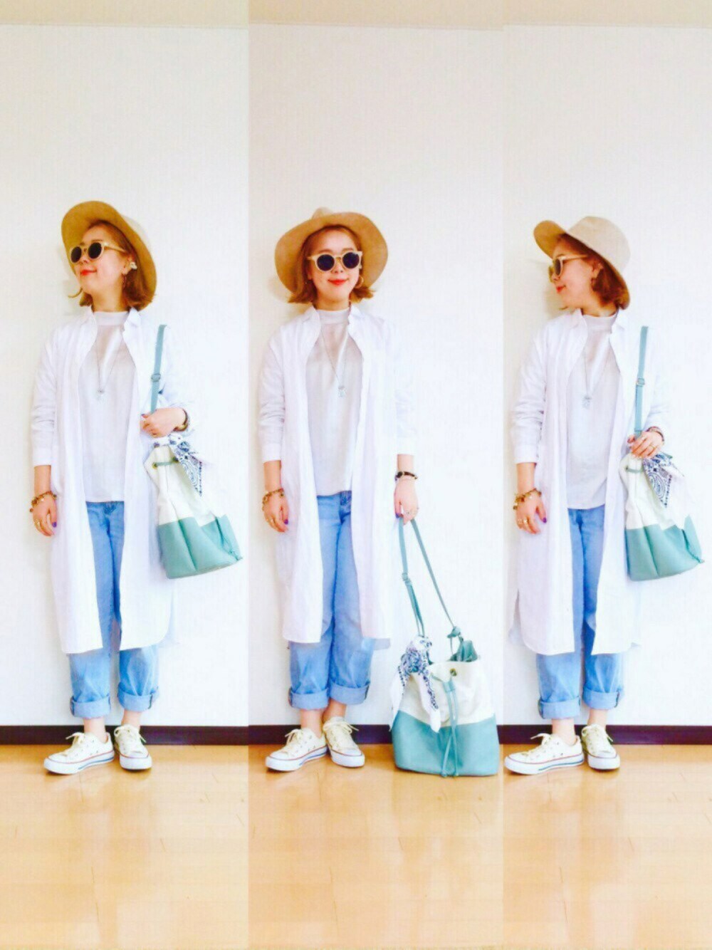 グレー系のTシャツ/カットソー、ホワイト系のワンピース、グリーン系のショルダーバッグを着用したレディースの春コーディネートの1枚目の写真