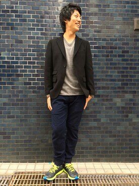 「Johnbull Private labo（ジョンブルプライベートラボ）のブリティッシュラペルドジャケット（テーラードジャケット、ブラック系）」を使った、Johnbull Private laboさん（メンズ・175cm）の秋コーディネート
