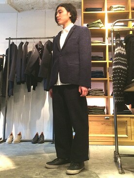 「Johnbull Private labo（ジョンブルプライベートラボ）のウールパンツ（その他パンツ、ブルー系）」を使った、Johnbull Private laboさん（メンズ・175cm）の冬コーディネート