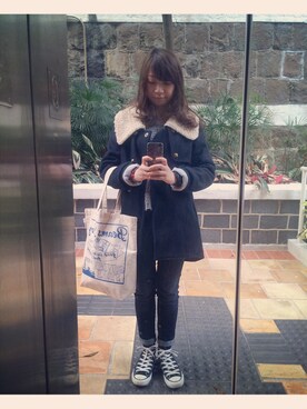 「BEAMS BOY（ビームスボーイ）のアイテム（トートバッグ、ホワイト系）」を使った、CherryChanさん（レディース・150cm）の冬コーディネート