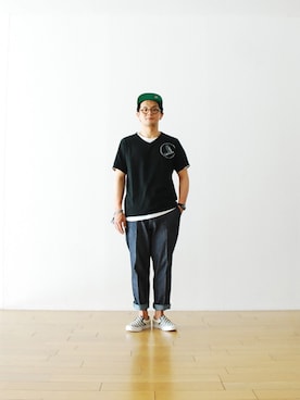 「アイテム（Tシャツ/カットソー、ブラック系）」を使った、WONDERMOUNTAINさん（メンズ・168cm）の夏コーディネート