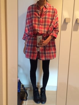 「アイテム（チュニック、レッド系）」を使った、miaさん（レディース・159cm）の秋コーディネート