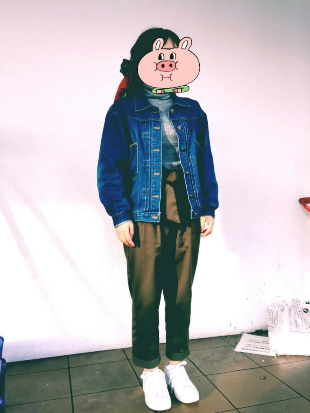 「大学、korea、低身長」｜「cherrycocoのアイテム（デニムジャケット、ブルー系）」を使った、momoさん（レディース・151cm）の冬コーディネートの1枚目の写真