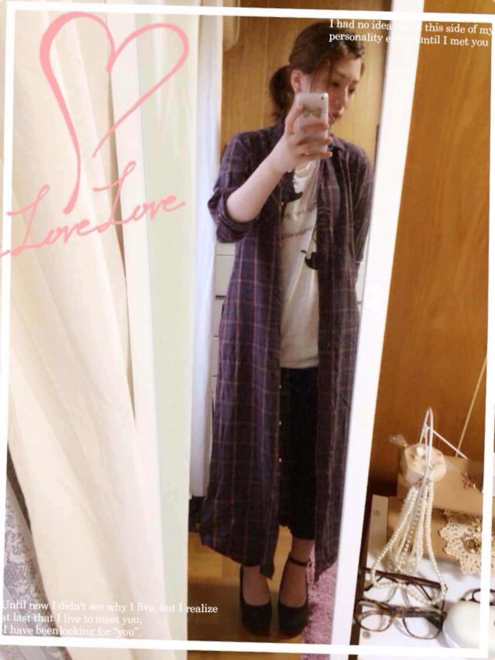 「シャツワンピ、チェック、秋のコーデ、ガウン」｜「GUのアイテム（シャツワンピース、パープル系）」を使った、maik0さん（レディース・159cm）の秋コーディネートの1枚目の写真
