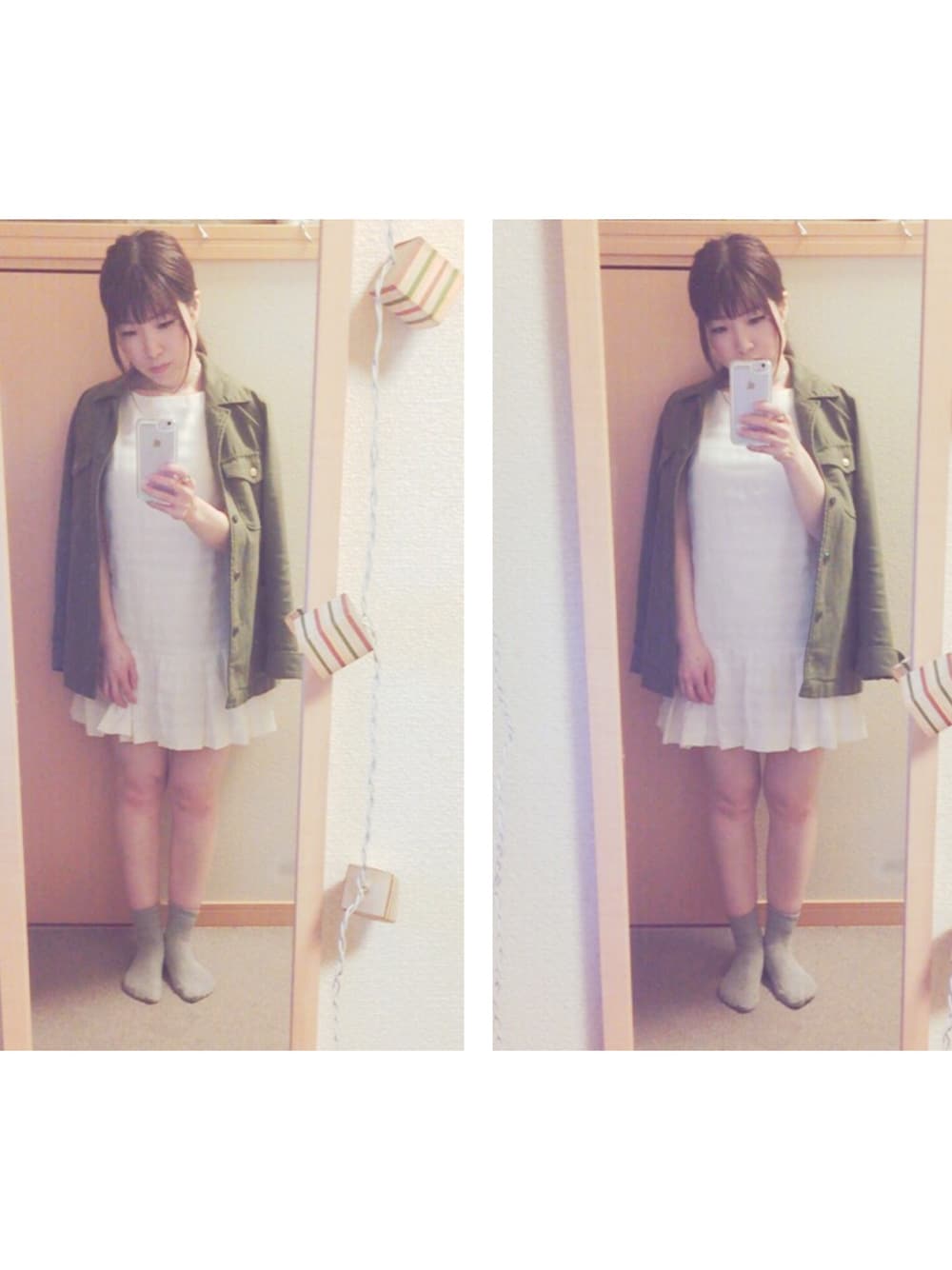 「GREED International(GREED International)、bed&breakfast、低身長、ミリタリージャケット、ワンピース」｜「GREED InternationalのDouble Chiffon　OP（ワンピース、ホワイト系）」を使った、mina。さん（レディース・149cm）の夏コーディネートの1枚目の写真