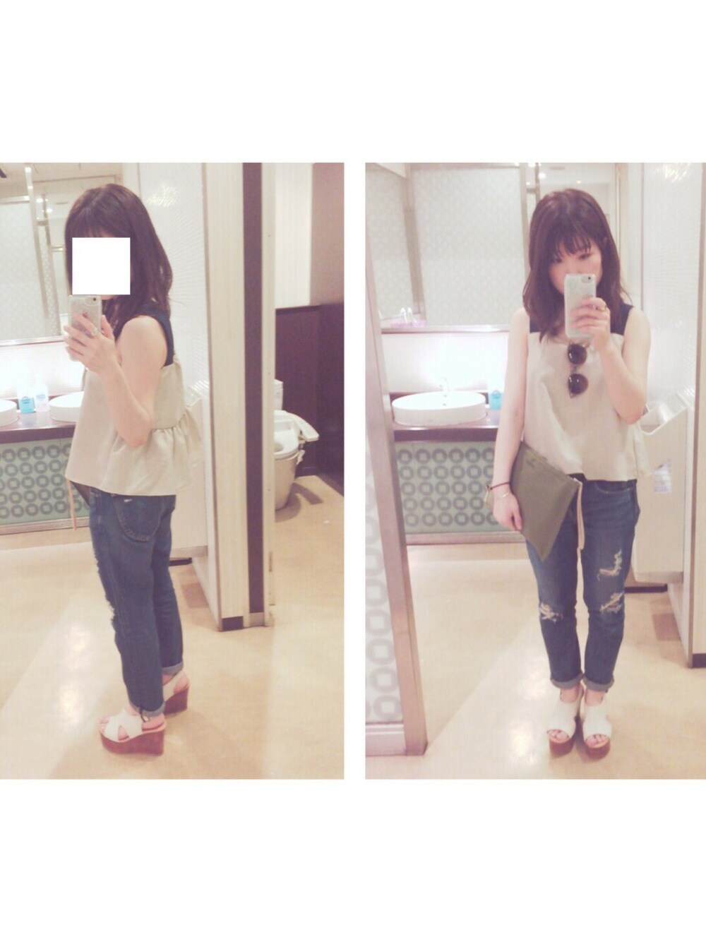 「MEER.、SHIPS、LEE、デニム、岡山デニム、bed&breakfast、BEAMS、ray ban」｜「MEER.のvolume combi cami tops（キャミソール、ベージュ系）」を使った、mina。さん（レディース・149cm）の夏コーディネートの1枚目の写真