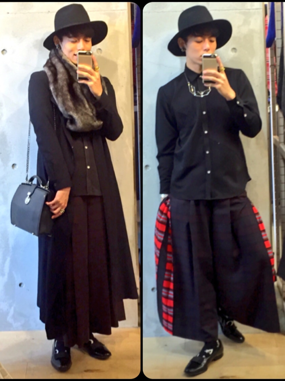 レッド系のパンツ、ブラック系のパンプス、ブラック系のシャツ/ブラウスを着用したメンズの冬コーディネートの1枚目の写真