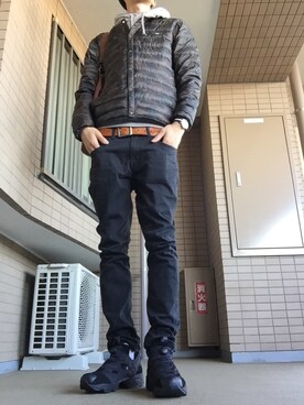 「カモ柄」｜「アイテム（ダウンジャケット/コート）」を使った、ゆーきさん（メンズ・180cm）の冬コーディネート