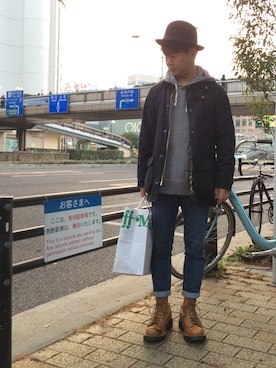 「ワークブーツ」｜「アイテム（ブルゾン）」を使った、AKITO🇫🇷さん（メンズ・160cm）の冬コーディネート