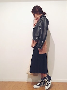 「TODAYFUL（トゥデイフル）のアイテム（ライダースジャケット）」を使った、yurieさん（レディース・156cm）の秋コーディネート