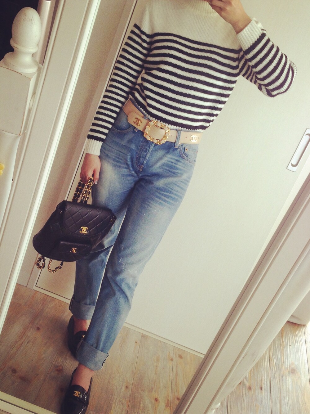 「chanel、ボーダー」｜「EMODAのアイテム（ニット/セーター、その他）」を使った、yuki♡さん（レディース・158cm）の冬コーディネートの1枚目の写真