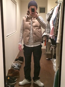 「Engineered Garments（エンジニアードガーメンツ）のアイテム（ダウンジャケット/コート）」を使った、Dさん（メンズ・177cm）の冬コーディネート