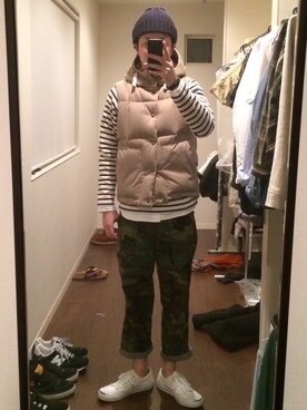 「Engineered Garments（エンジニアードガーメンツ）のアイテム（ダウンジャケット/コート）」を使った、Dさん（メンズ・177cm）の冬コーディネート