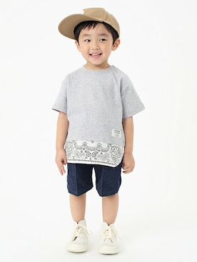 「petit main（プティマイン）のアイテム（キャップ）」を使った、petit　main・b-roomさん（キッズ・88cm）の春コーディネート