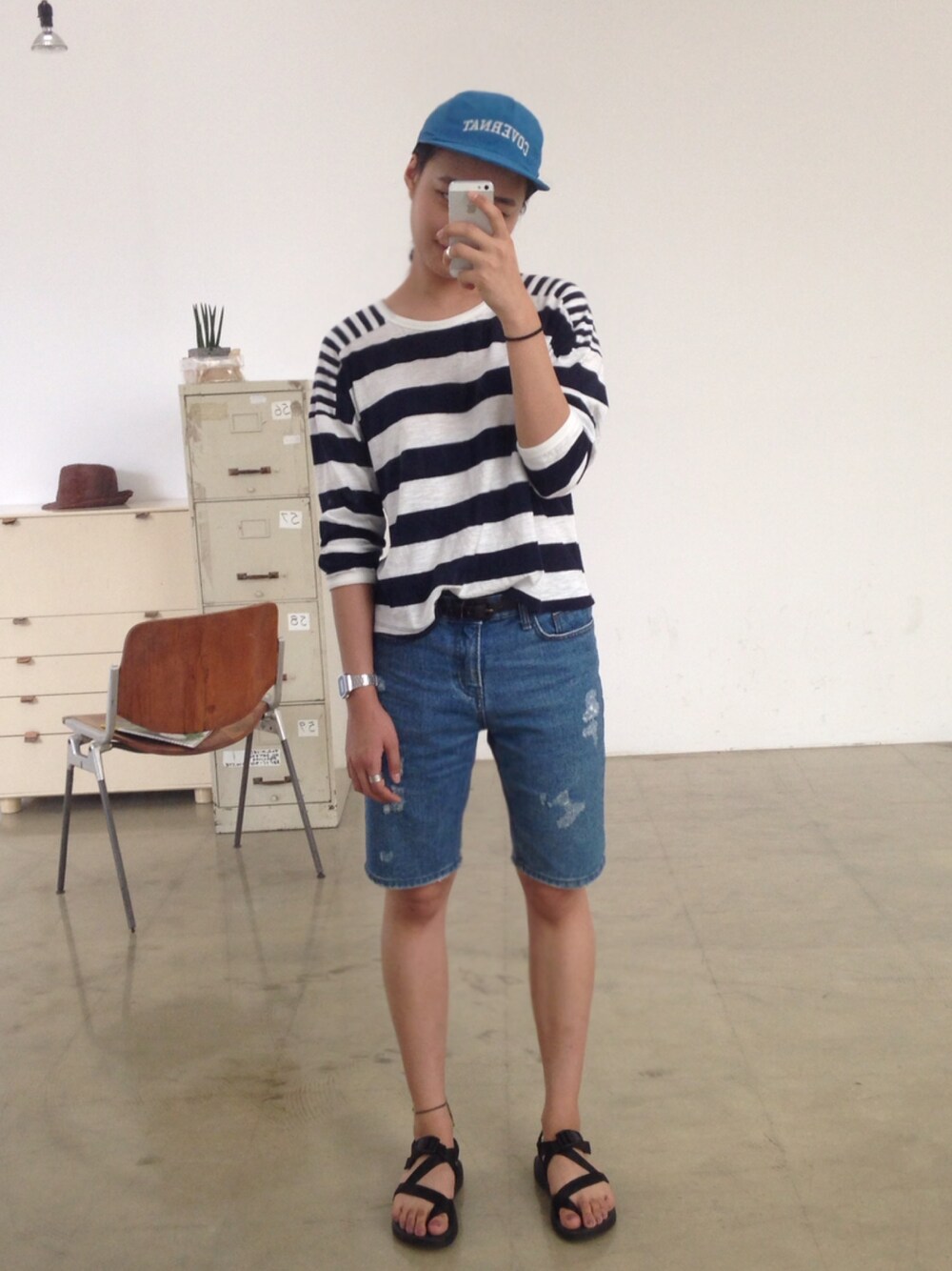 「daily look、ootd、COVERNAT、chaco、sandal、denim、stripe、데일리룩」｜「COVERNATのアイテム（キャップ、ブルー系）」を使った、marchaさん（レディース・167cm）の夏コーディネートの1枚目の写真